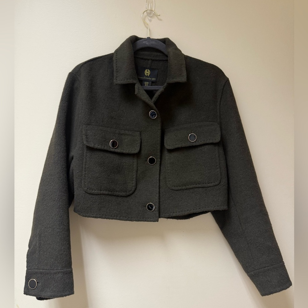 🌻House Of Harlow Green Fleece Cropped Military Jacket Wool Blend Fleece